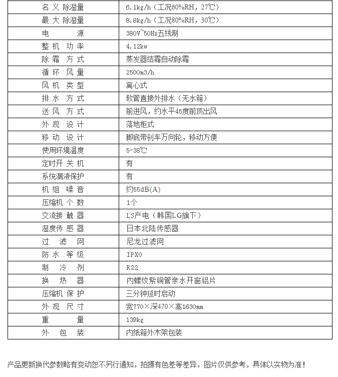 HJ-8192H五金倉庫防銹除濕機參數(shù)表